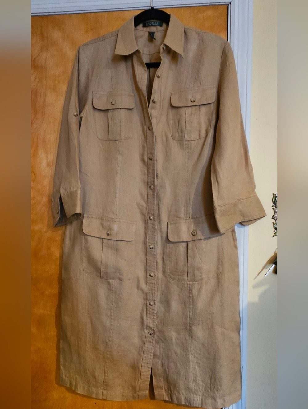 Lauren Ralph Lauren Tan Button-Front Linen Utility Dress Sz 10